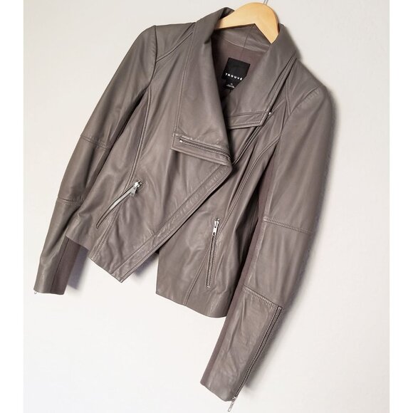 Trouve Asymmetric Drape-Front Soft 100% Genuine Leather Jacket Taupe Gray XS - Picture 15 of 16